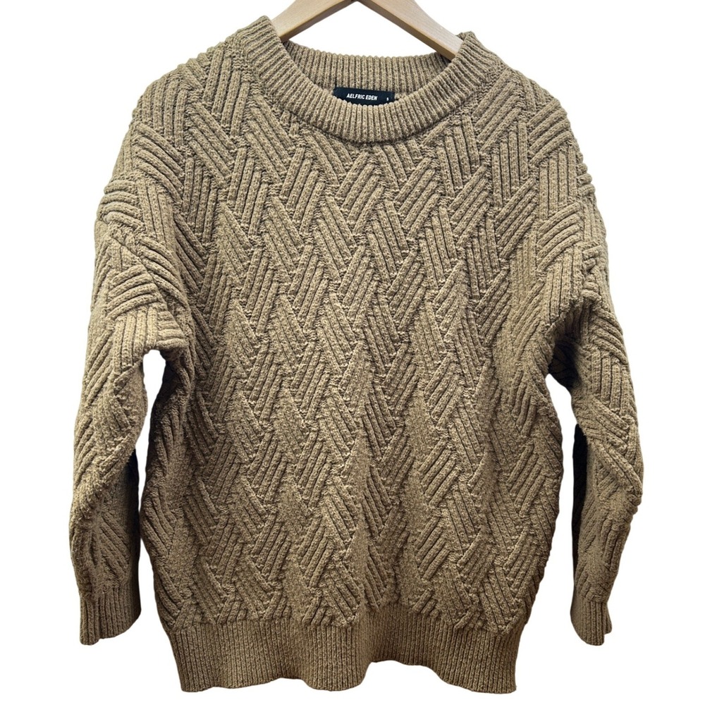Aelfric Eden Sweater Fisherman Cable Knit Chunky Womens Small Warm Casual Taupe‎